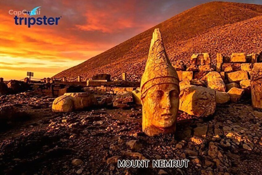 A stone monument with a pointed top, surrounded by ruins and a hill in the background. 1