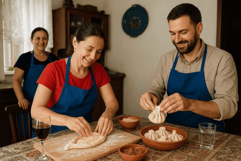 Two people in aprons preparing food, with a table full of ingredients and bowls. 2