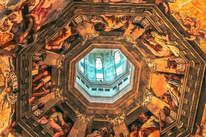 A detailed ceiling fresco with a central octagonal skylight, surrounded by figures and inscriptions. 1