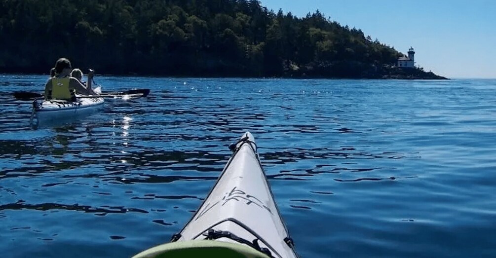 A kayak on calm water with a forested island in the background. 2