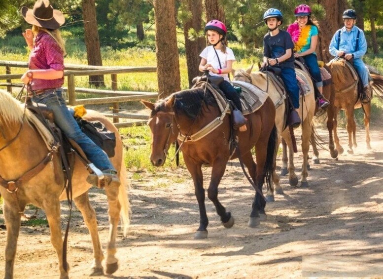 A group of people riding horses along a dirt path in a wooded area. 2