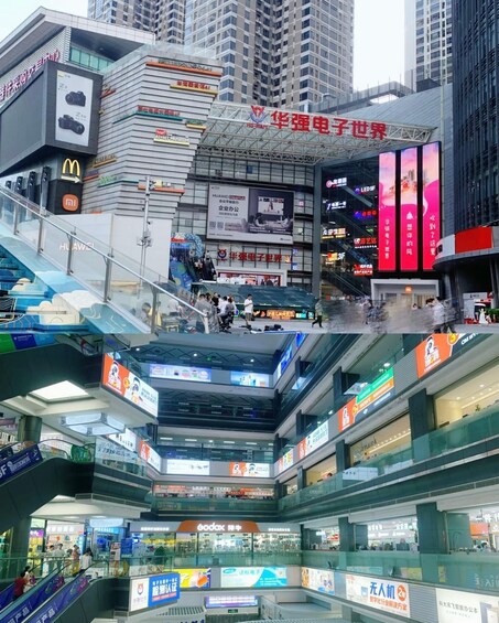 A busy urban shopping area with multiple floors, escalators, and various retail stores. 5
