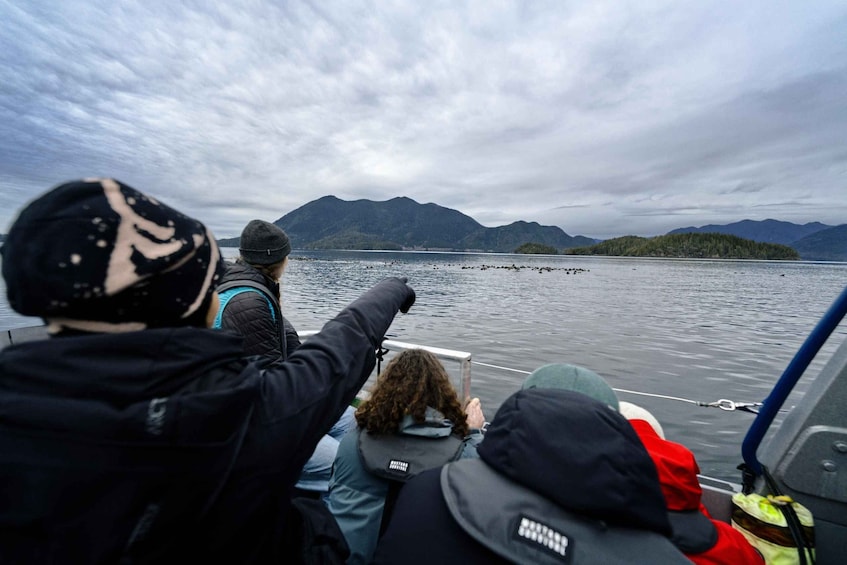 A group of people on a boat, looking at a body of water with mountains in the background. 4