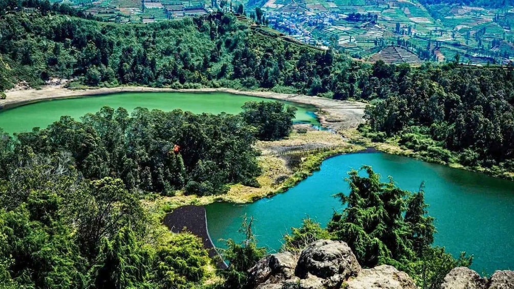 A lush green landscape with a large body of water surrounded by dense forest and terraced fields in the background. 1
