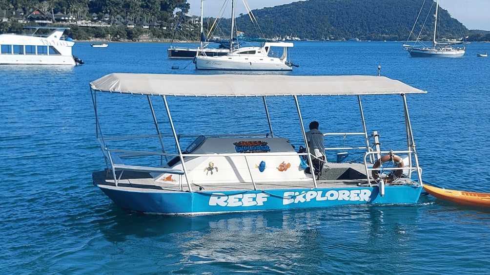 A blue and white boat named 'REEF EXPLORER' with a canopy, docked in a marina with other boats and a mountainous backdrop. 3