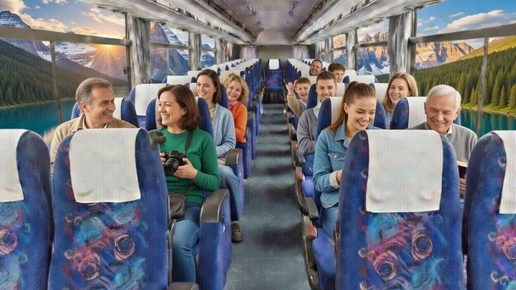 A train interior with passengers seated, windows displaying mountainous landscapes, and seats with a blue and purple pattern. 2