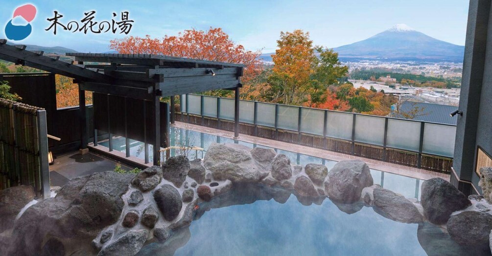A hot spring bath with a view of a mountain and autumn foliage. 4