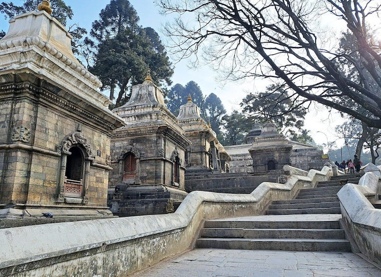 A temple complex with stone steps leading up to multiple shrines. 5