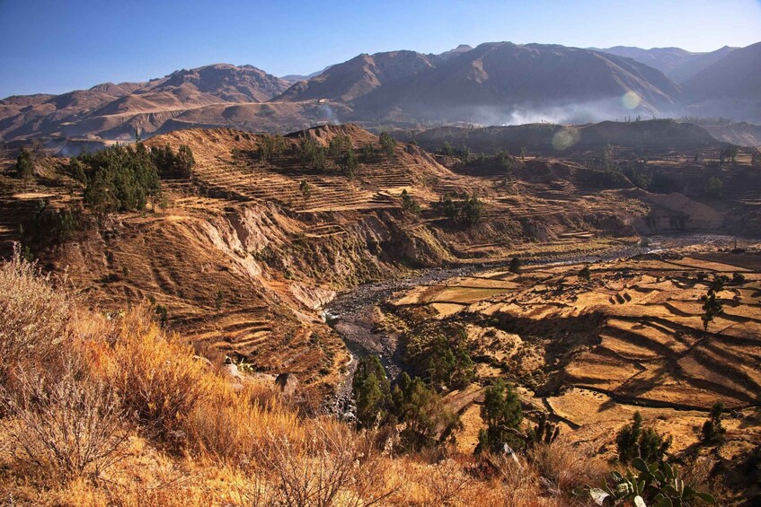 Terraced fields, a river, and mountains in the background. 2