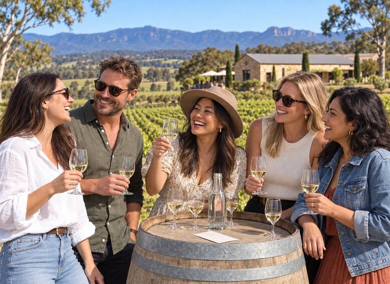 A group of people toasting with wine glasses around a wooden barrel in a vineyard setting with mountains in the background. 1