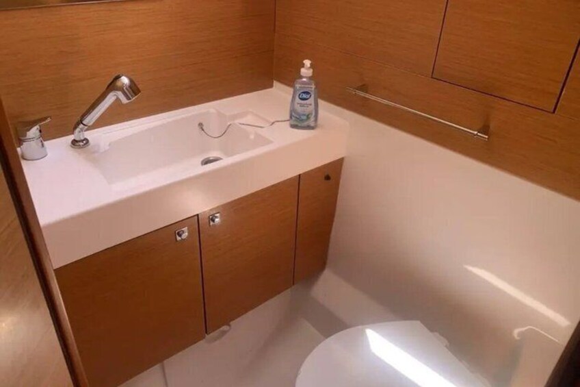 Een kleine badkamer met een witte wastafel, een kraan, een zeepdispenser en houten kastjes. 4