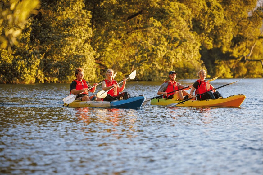 Three people kayaking on a river surrounded by trees. 5