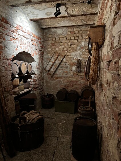 A dimly lit cellar with wooden barrels, a ladder, and a rope coiled on the floor. 3