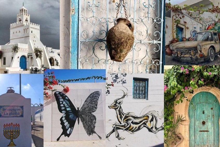 A collage of various architectural and artistic elements, including a mosque, a hanging pot, a vintage car, a butterfly mural, a horse, and a door with greenery. 5