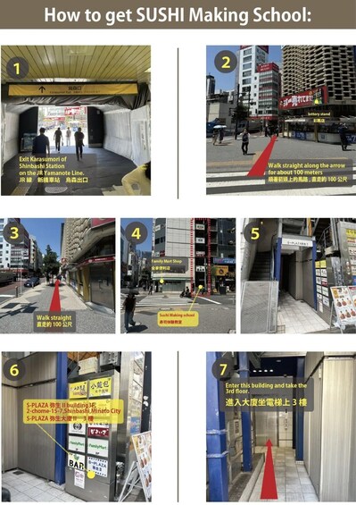 A series of steps to reach a sushi making school in an urban area. 5