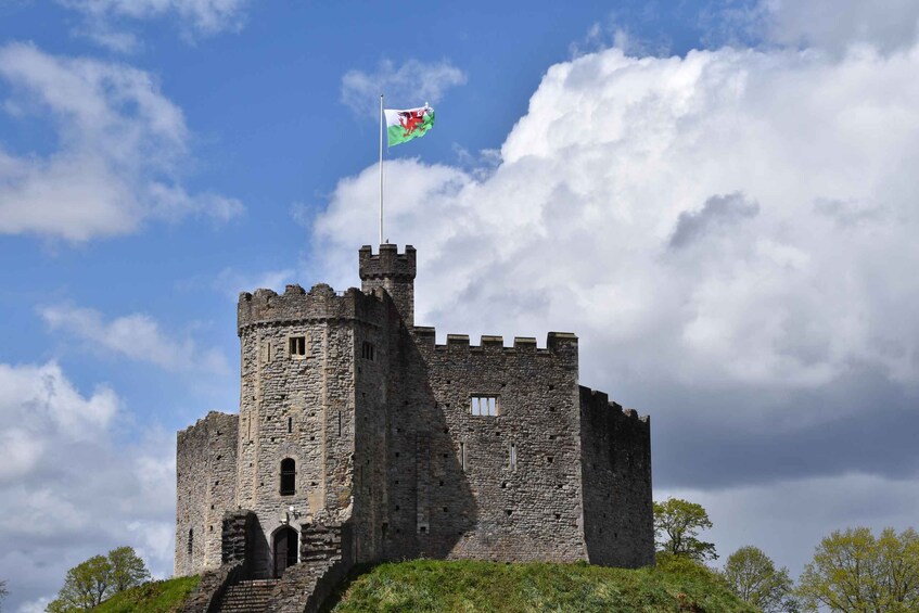 A medieval castle with a flag on top. 1