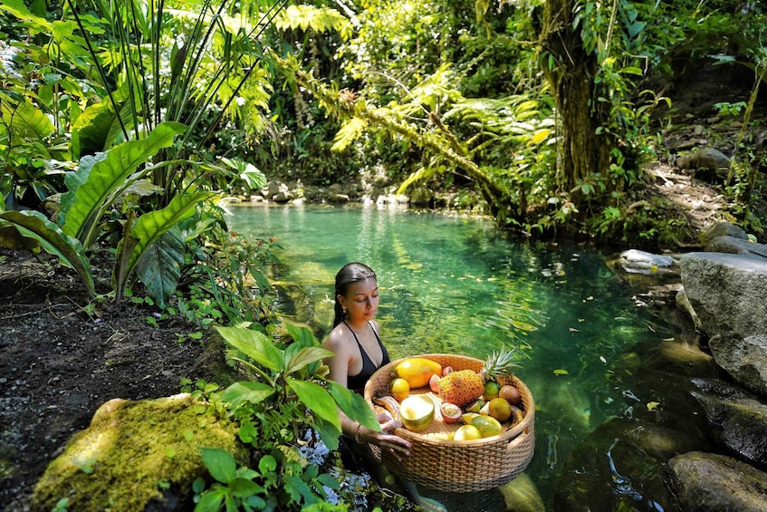 A woman holding a basket of fruits by a clear stream surrounded by lush greenery. 1