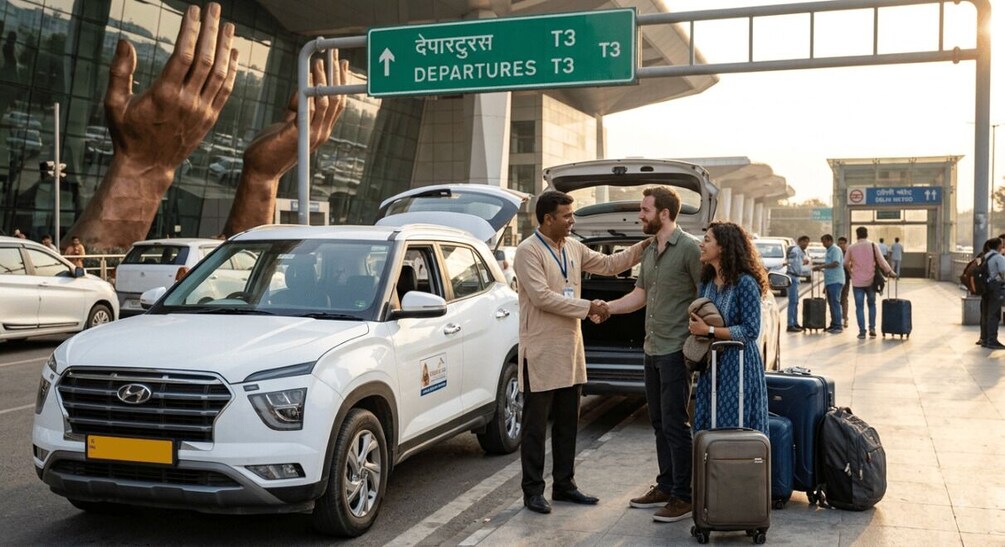 A departure area with a white SUV, a large hand sculpture, and a sign indicating departures. 2