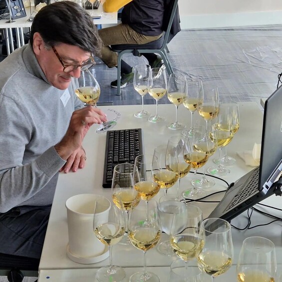 A man holding a wine glass, seated at a table with multiple wine glasses and a computer monitor. 1