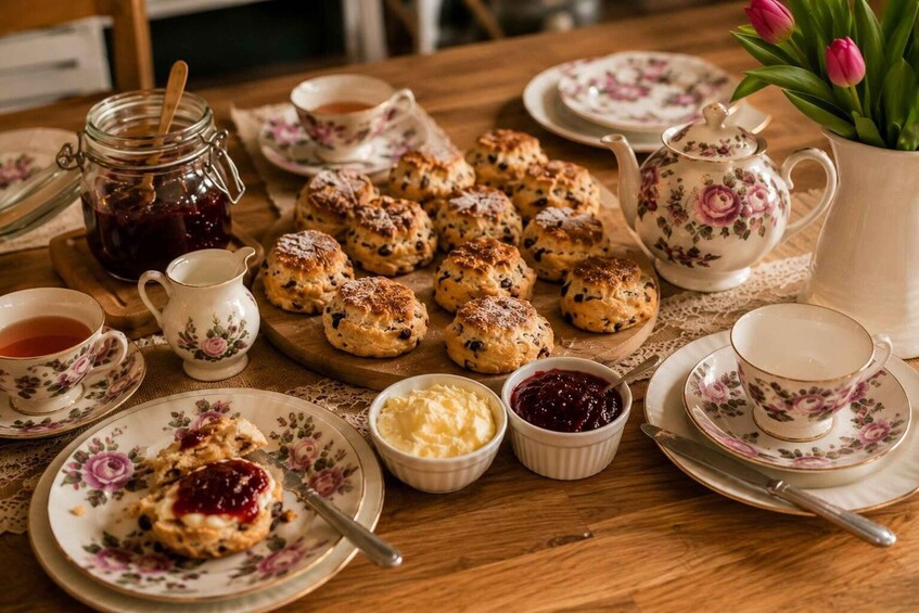 A table set with floral-patterned tea cups, saucers, a teapot, a sugar bowl, a cream bowl, a jam bowl, scones, and a jar of jam. 5