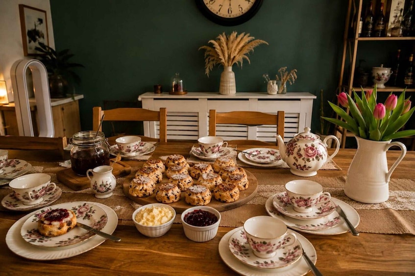 A table set with floral-patterned tea cups, saucers, and a teapot, surrounded by scones and jams. 1