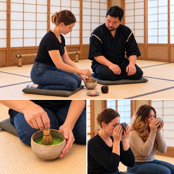 A person whisking matcha tea in a bowl, seated on tatami mats in a traditional Japanese room with shoji screens. 3
