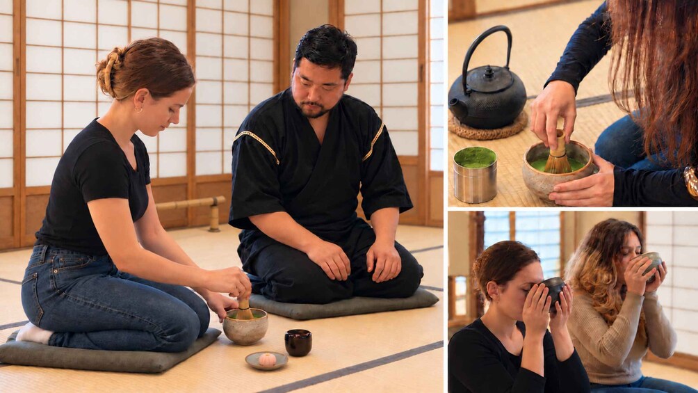 A person sitting on a mat, preparing matcha tea with a whisk and a bowl. 1