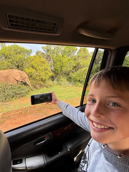 Un niño sosteniendo un teléfono inteligente, mirando por la ventana de un coche a un paisaje con árboles y una gran roca. 2