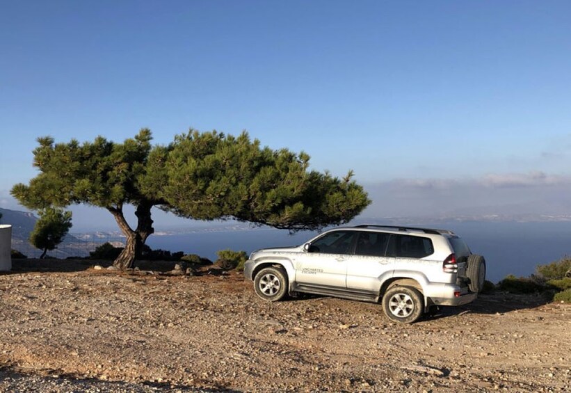 A silver SUV parked on a rocky terrain with a pine tree and a body of water in the background. 1
