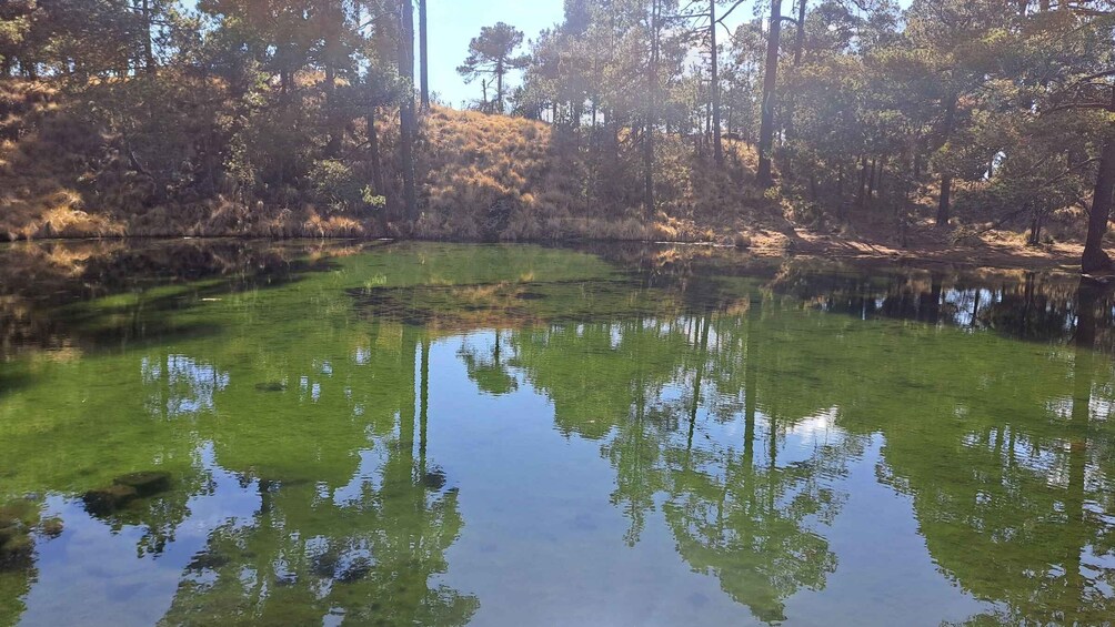 A calm pond surrounded by trees with reflections of the sky and foliage. 4