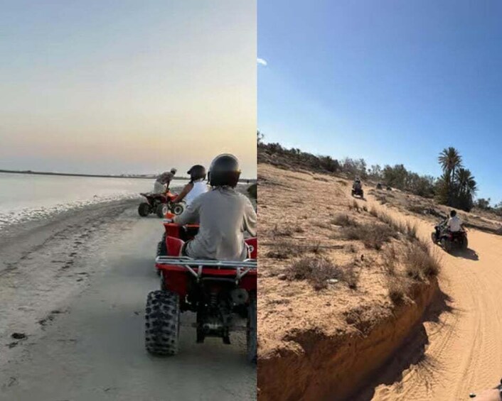 Una persona conduce un vehículo todo terreno rojo por un sendero arenoso. 4