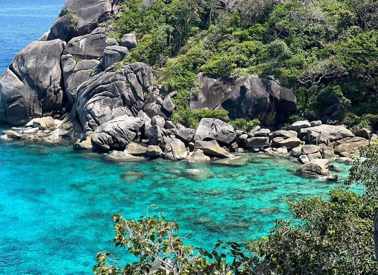 A rocky coastline with clear turquoise waters and dense green vegetation. 3