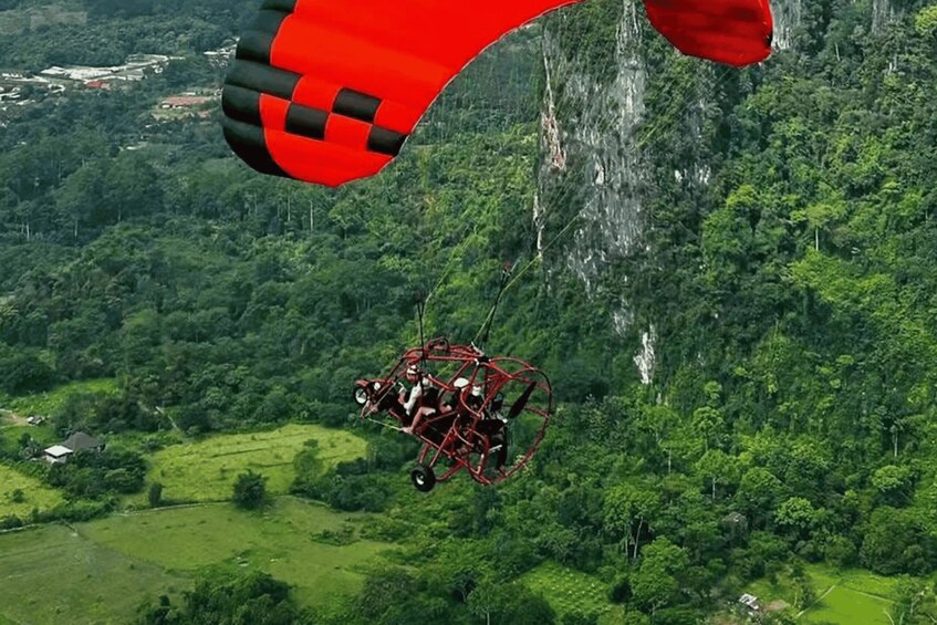 A person bungee jumping from a red bungee cord over a forested valley. 3