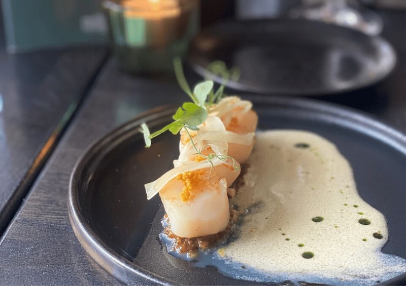 A plate with three scallops, a sauce, and some greens. 1