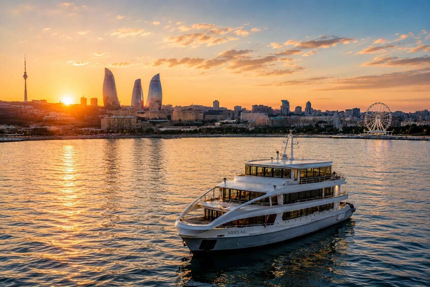 A sunset over a city skyline with modern buildings and a Ferris wheel, with a white boat named MIRVARI on the water. 3