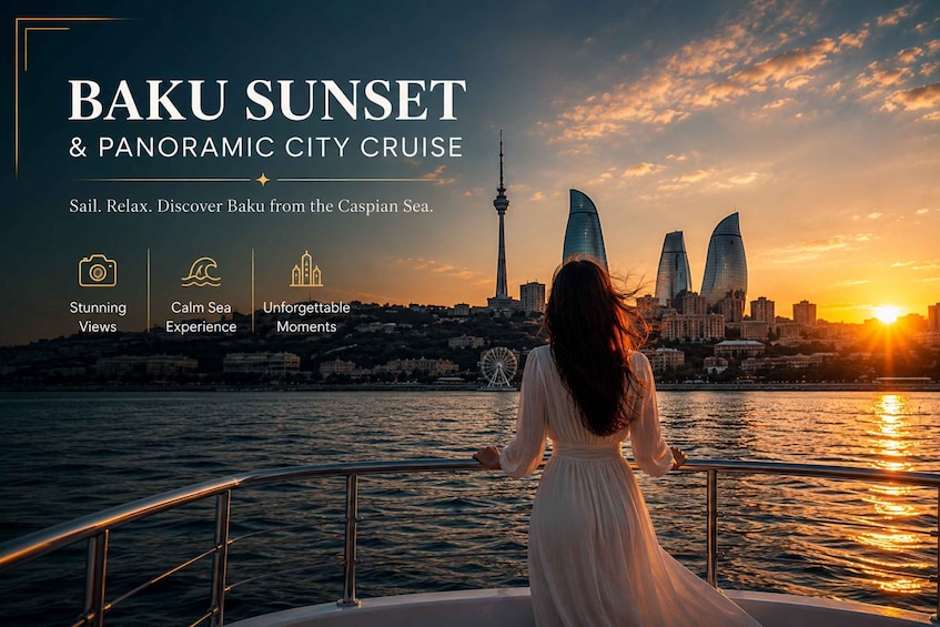 A sunset view from a boat in Baku, with a cityscape in the background. 2