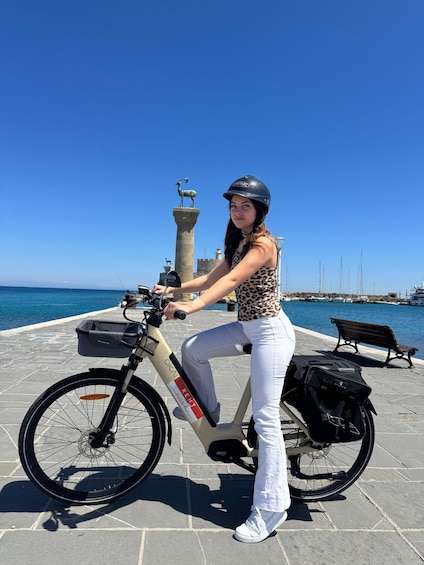 A person on a stationary electric bike with a basket, near a waterfront with a statue and benches. 1