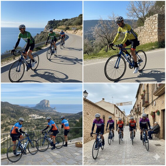 Cyclists on coastal roads, a stone wall, and a cobblestone street in a historic town. 3