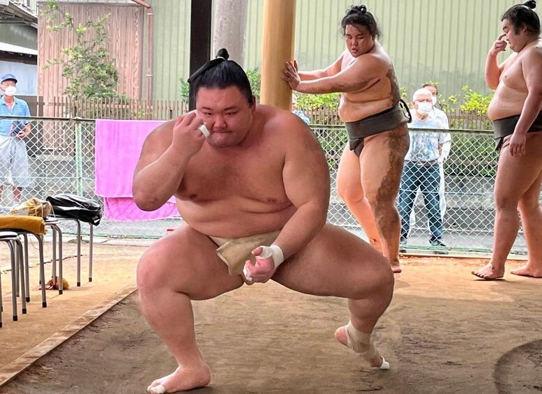 A sumo wrestler in a crouched position, wearing a mawashi and a face mask. 4