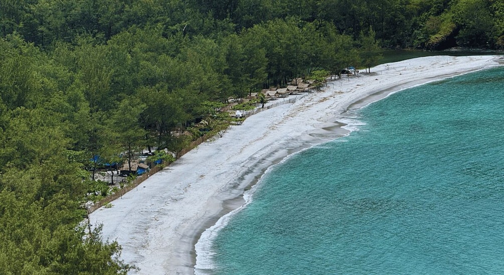 A coastal landscape with a sandy beach, clear turquoise waters, and dense green forest. 1