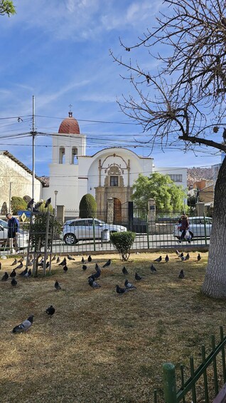 A church with a red dome and a white facade, surrounded by pigeons on a grassy area. 3