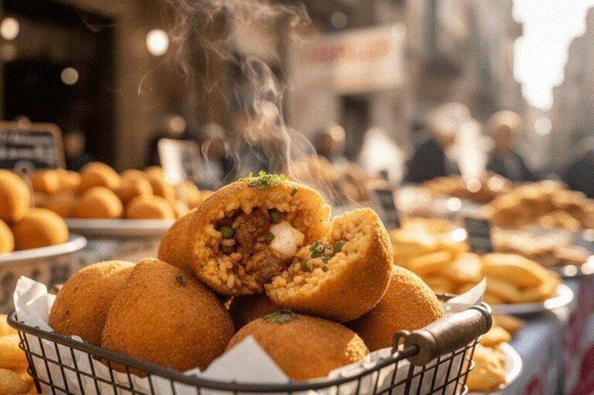 A basket of fried food items, with one cut open to reveal a filling. 2