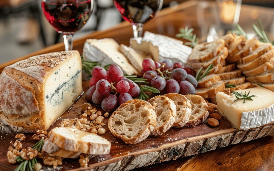 A charcuterie board with various cheeses, grapes, nuts, and bread. 4
