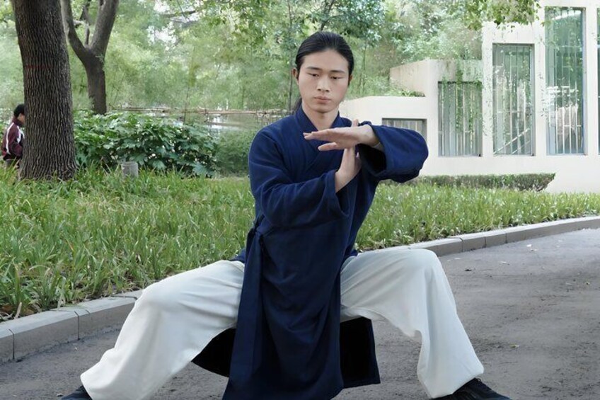A person in traditional attire performing a martial arts pose outdoors. 2
