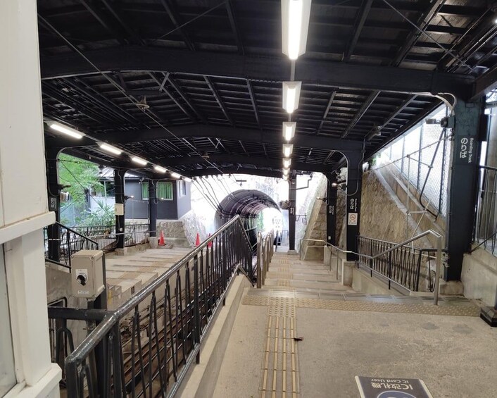A covered pedestrian walkway with metal railings, a ramp, and a tunnel entrance. 2