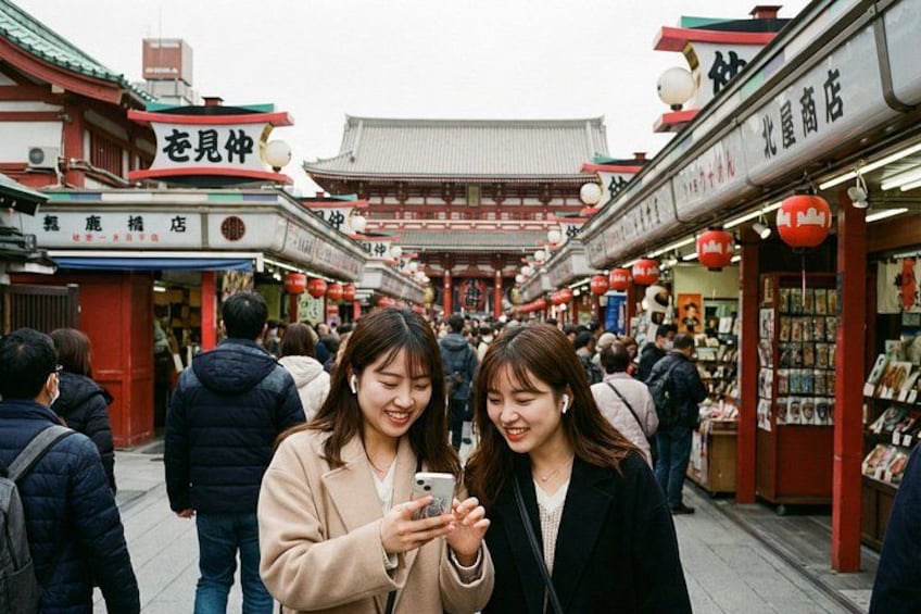 A traditional market with people browsing and a couple looking at a phone. 3