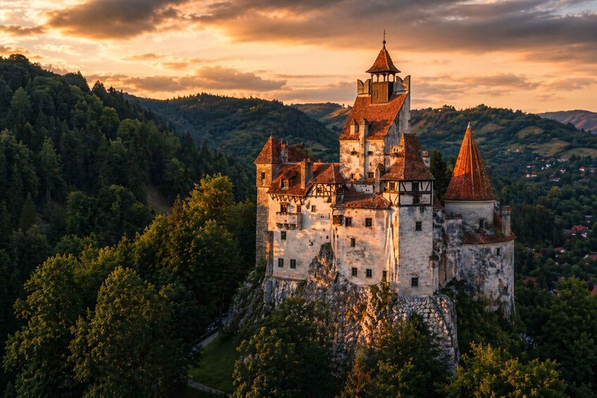 A castle on a hill with a forested landscape in the background. 2