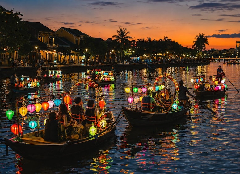 Boats with colorful lanterns on a calm water body during twilight. 5
