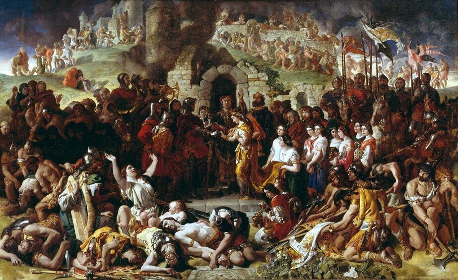 A historical battle scene with soldiers, a central figure on a throne, and a castle in the background. 3