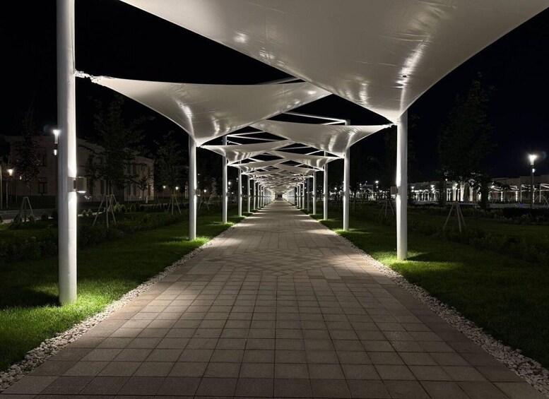 A nighttime pathway with a series of white, geometric structures overhead. 5